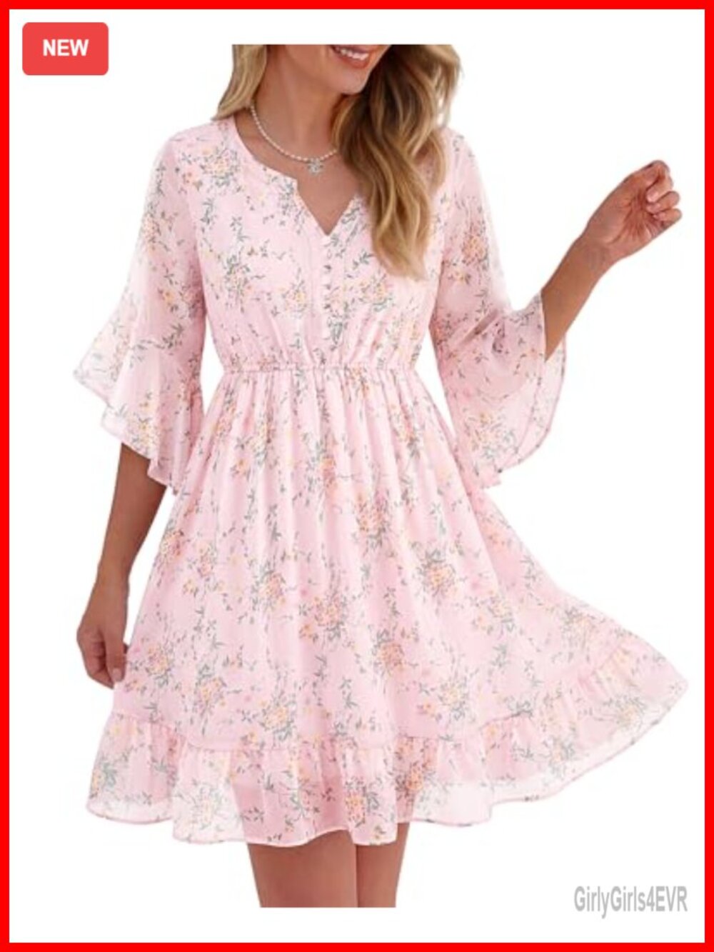 Womens Chiffon Dress 3/4 Ruffle Sleeve V-Neck Elastic Waist A-Line Mini